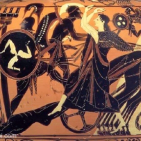 Greek vase painting of Achilles dragging the body of Hector