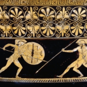Greek vase painting of the battle of Hector and Achilles at Troy